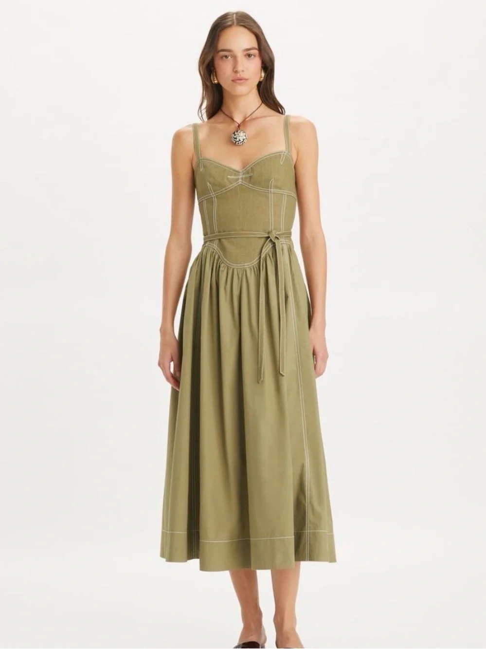 Tory Burch Olive Green Cotton Twill Dress with Tie-Strap Bodice